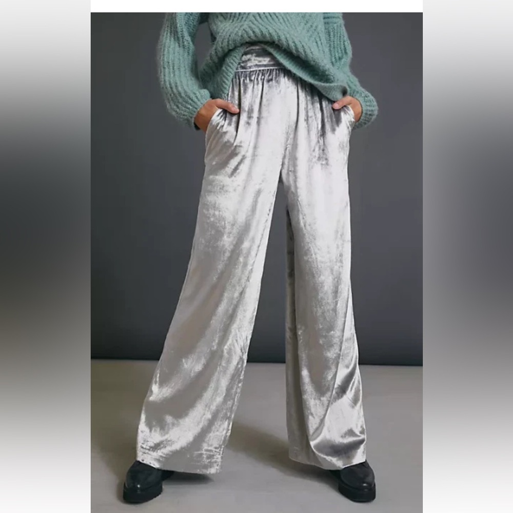 Maeve by Anthropologie velvet wide leg pant silver gray size S - Picture 2 of 8